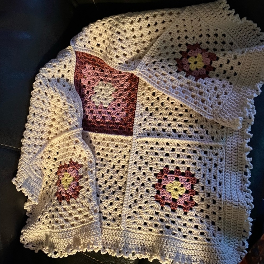 Handmade Crochet Blanket with Floral Squares
